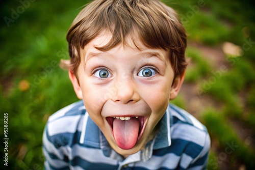 A joyful young boy with a goofy grin, crossed eyes, and a tongue-out expression, showcasing an over-the-top, playfully photo