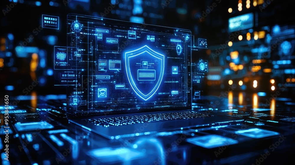 Digital illustration of a cybersecurity concept with a shield Digital illustration of a cybersecurity concept with a shield