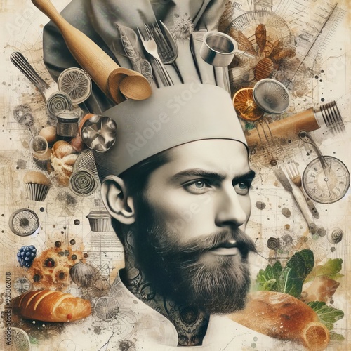 32 Digital Collage A mixed media portrait of a chef incorporatin photo