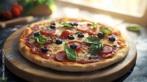 A 3D-rendered pizza with an assortment of fresh toppings ready for baking