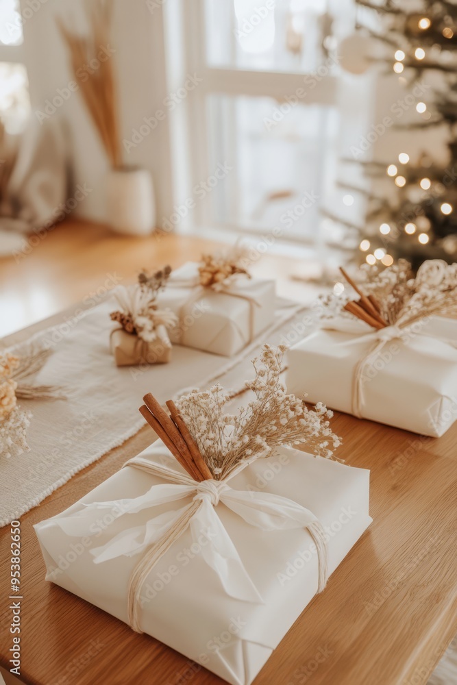 Elegant zero-waste gift wrapping flat lay with eco-friendly packages, rustic wooden table, dried flowers, and natural lighting creating a warm atmosphere Elegant zero-waste gift wrapping flat lay with eco-friendly packages, rustic wooden table, dried flowers, and natural lighting creating a warm atmosphere