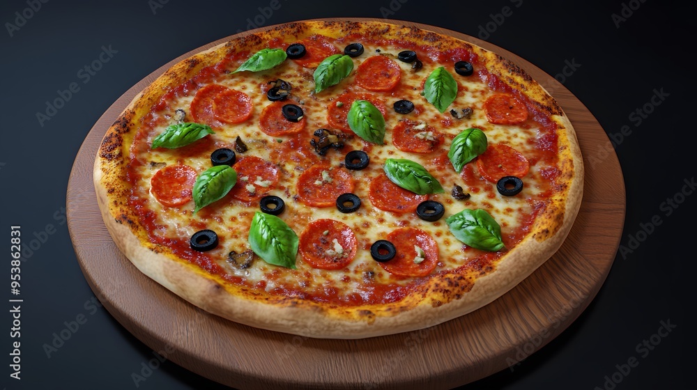 A 3D-rendered pizza with an assortment of fresh toppings ready for baking A 3D-rendered pizza with an assortment of fresh toppings ready for baking
