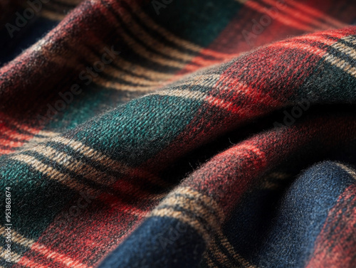 tartan plaid fabric, vibrant overlapping horizontal and vertical stripes in deep red