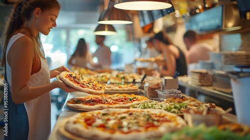 A lively pizzeria scene with customers adding their favorite toppings to pizzas