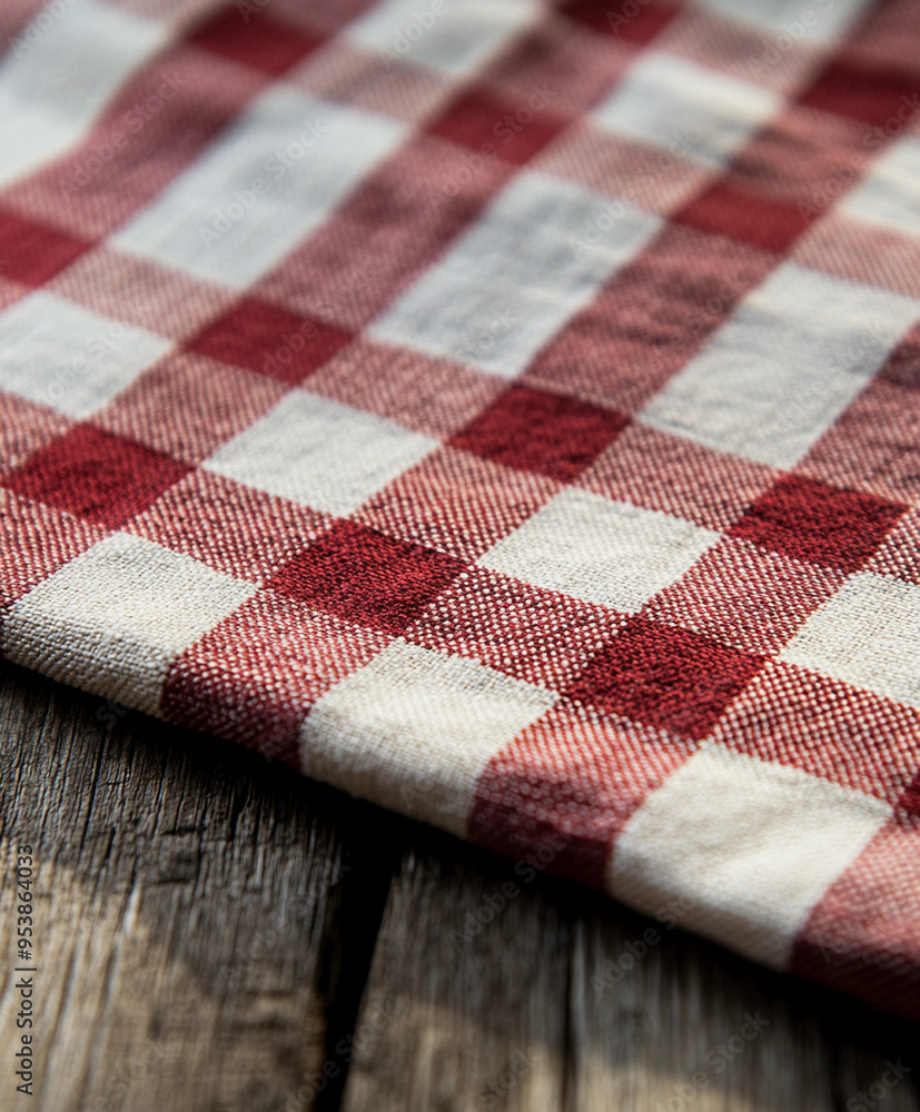 gingham tablecloth spread over a rustic wooden table, the pattern alternating between red and white squares gingham tablecloth spread over a rustic wooden table, the pattern alternating between red and white squares