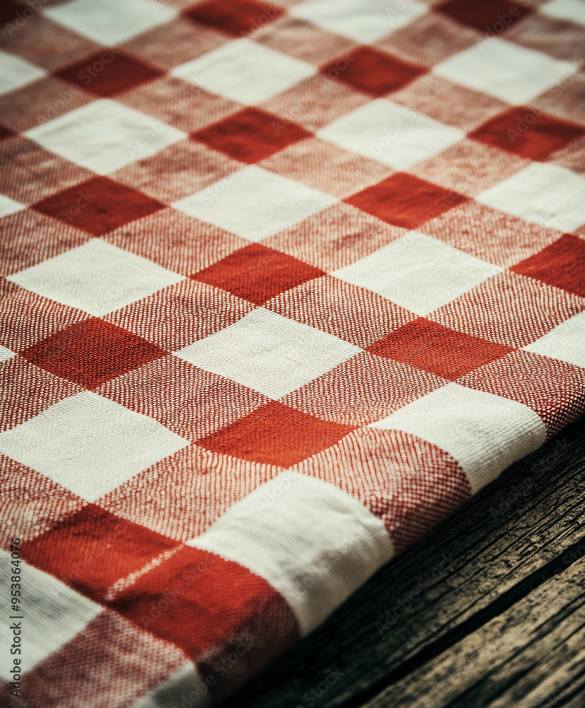 gingham tablecloth spread over a rustic wooden table, the pattern alternating between red and white squares gingham tablecloth spread over a rustic wooden table, the pattern alternating between red and white squares