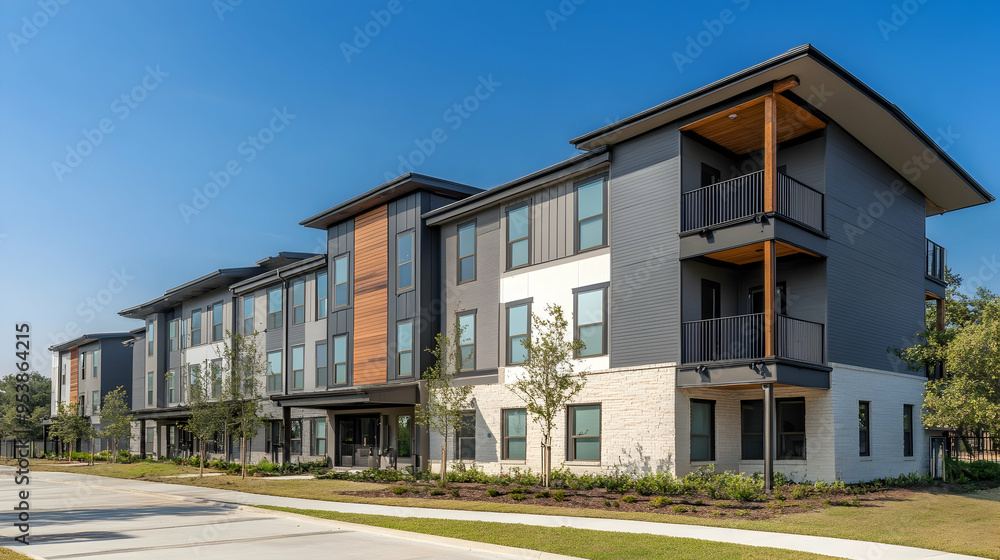 The exterior facade of a stylish multifamily building featuring Hardie plank siding. illustration The exterior facade of a stylish multifamily building featuring Hardie plank siding. illustration
