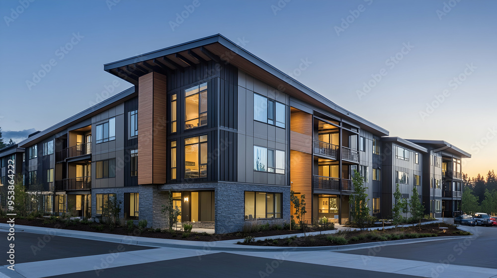 The façade of a modern multifamily building, finished with Hardie plank siding on the exterior. The façade of a modern multifamily building, finished with Hardie plank siding on the exterior.
