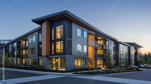 The façade of a modern multifamily building, finished with Hardie plank siding on the exterior.