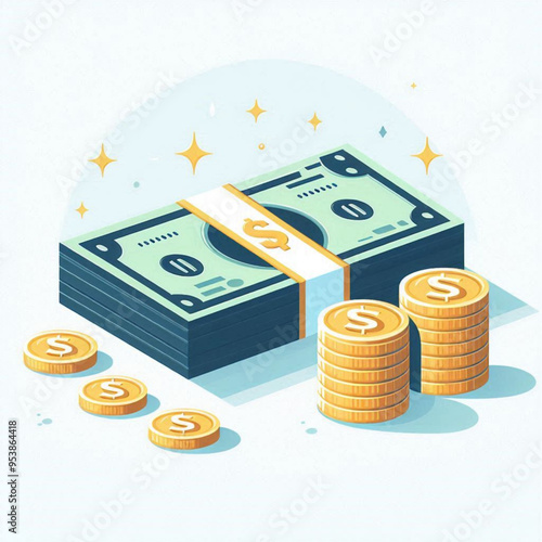 Free  Money vector money photo Gold coins and banknotes 3d cartoon style icon black Friday