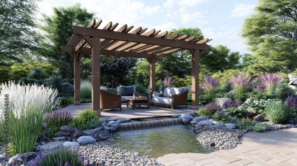 Wooden pergola with seating and a small waterfall pond in a garden setting Wooden pergola with seating and a small waterfall pond in a garden setting