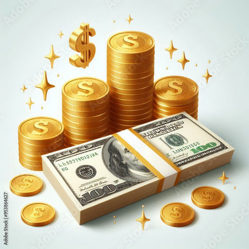Free  Money vector money photo Gold coins and banknotes 3d cartoon style icon black Friday 
