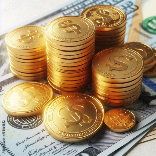 Free  Money vector money photo Gold coins and banknotes 3d cartoon style icon black Friday