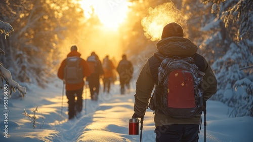 Friends enjoying a winter hike through a snow-covered forest with golden sunlight and festive touches like thermos mugs, creating a joyful holiday atmosphere