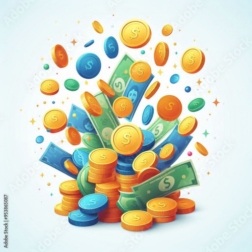 Free  Money vector money photo Gold coins and banknotes 3d cartoon style icon black Friday