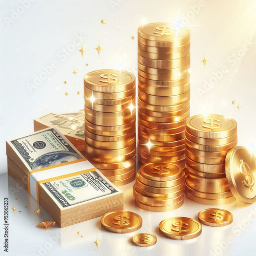 Free  Money vector money photo Gold coins and banknotes 3d cartoon style icon black Friday 
