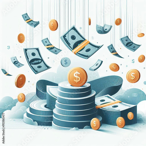 Free  Money vector money photo Gold coins and banknotes 3d cartoon style icon black Friday