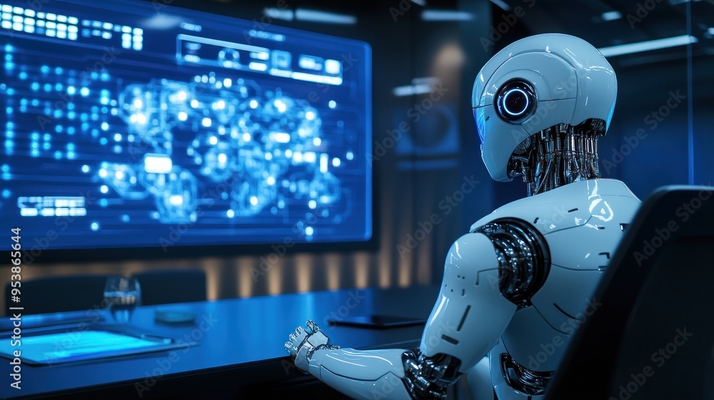 AI Robot in a futuristic office, a digital world. AI Robot in a futuristic office, a digital world.