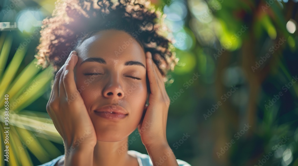 A woman with curly hair is smiling and resting her hands on her forehead A woman with curly hair is smiling and resting her hands on her forehead