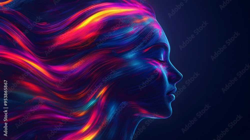 Vivid digital art with flowing lines creating an abstract face in a colorful, dynamic style Vivid digital art with flowing lines creating an abstract face in a colorful, dynamic style