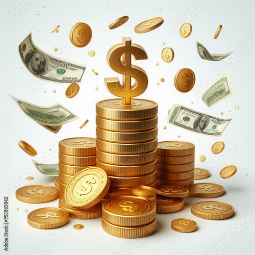 Free  Money vector money photo Gold coins and banknotes 3d cartoon style icon black Friday