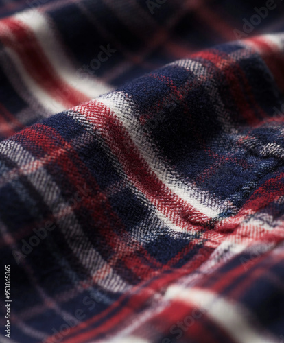 plaid pattern on a flannel shirt, traditional colors, overlapping stripes in navy blue, red, and white
