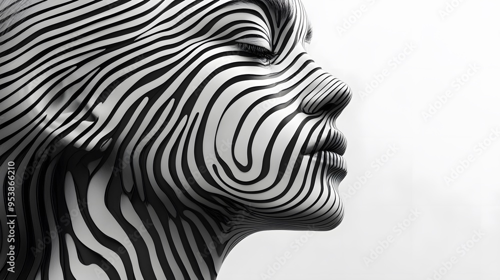 Striped monochrome pattern forming human profile on white background Striped monochrome pattern forming human profile on white background