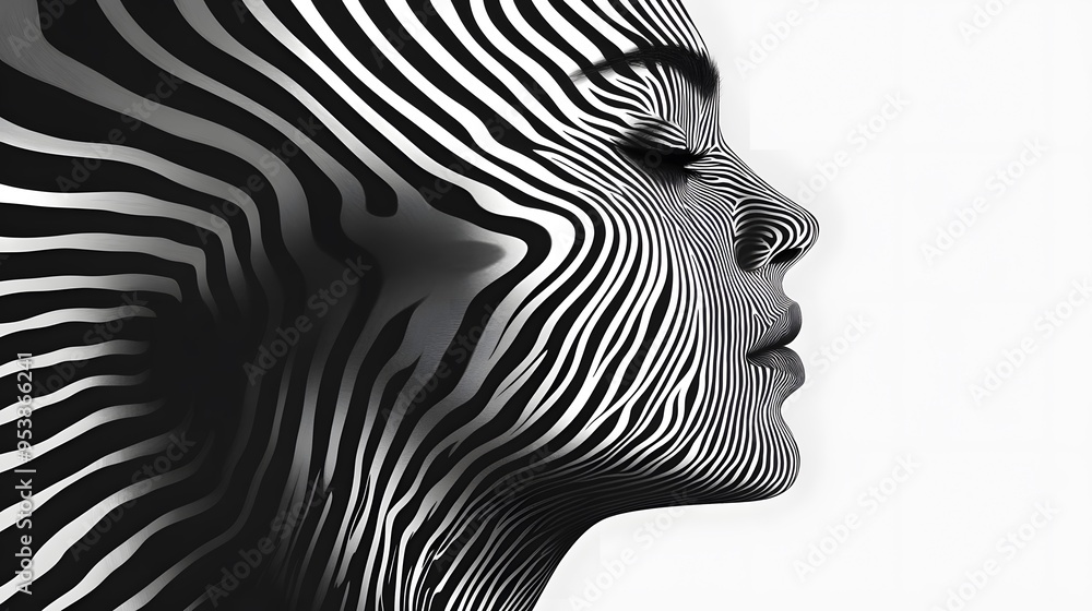 Striped monochrome pattern forming human profile on white background Striped monochrome pattern forming human profile on white background