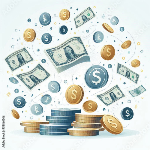 Free  Money vector money photo Gold coins and banknotes 3d cartoon style icon black Friday