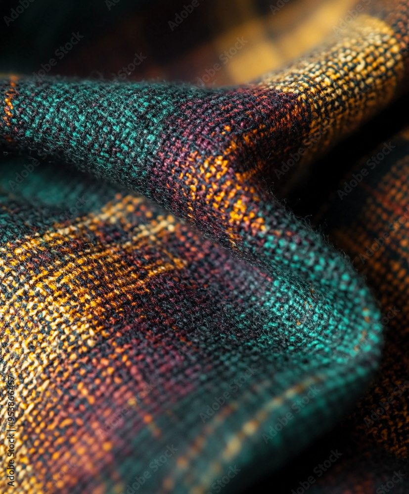 Plaid pattern on a cotton shirt, muted earthy tones, overlapping stripes in olive green, tan, and burgundy Plaid pattern on a cotton shirt, muted earthy tones, overlapping stripes in olive green, tan, and burgundy