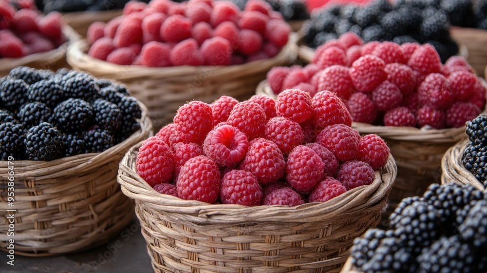 Close Up of Fresh Berries in Baskets Close Up of Fresh Berries in Baskets