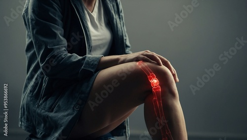 A woman holding her knee, with pain highlighted in red, suggesting ACL, meniscus, or ITB issues. photo