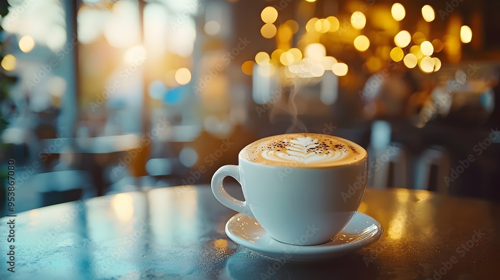Intricate Foam Design on Cappuccino Cup in Cozy Cafe Ambiance Intricate Foam Design on Cappuccino Cup in Cozy Cafe Ambiance
