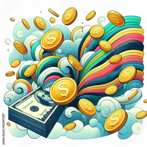 Free  Money vector money photo Gold coins and banknotes 3d cartoon style icon black Friday 
