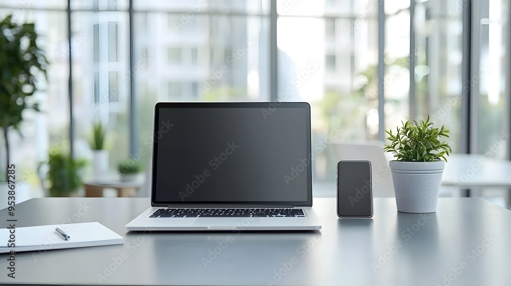 Sleek Modern Office Desk with Laptop,Smartphone,and Notepad for Professional Work Sleek Modern Office Desk with Laptop,Smartphone,and Notepad for Professional Work
