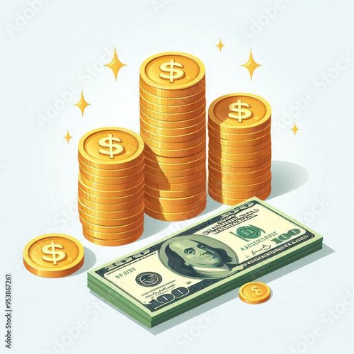 Free  Money vector money photo Gold coins and banknotes 3d cartoon style icon black Friday