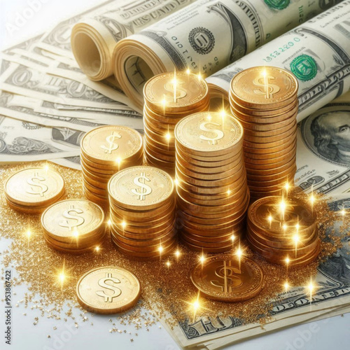 Free  Money vector money photo Gold coins and banknotes 3d cartoon style icon black Friday