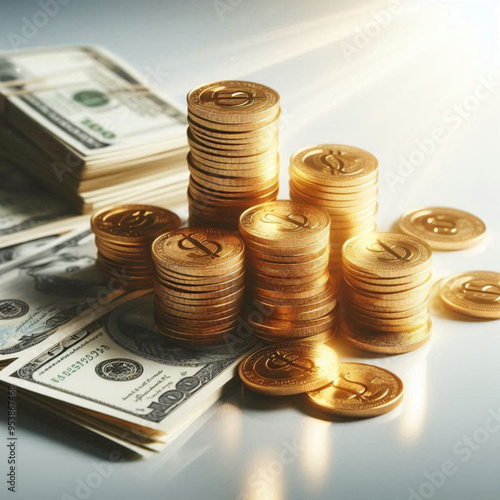 Free  Money vector money photo Gold coins and banknotes 3d cartoon style icon black Friday 

