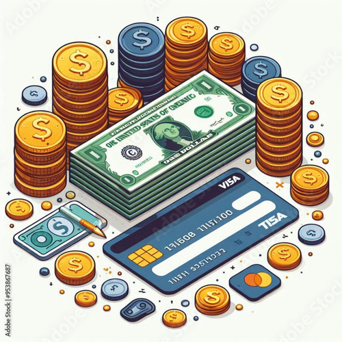 Free  Money vector money photo Gold coins and banknotes 3d cartoon style icon black Friday