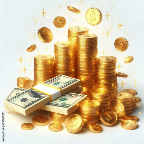 Free  Money vector money photo Gold coins and banknotes 3d cartoon style icon black Friday