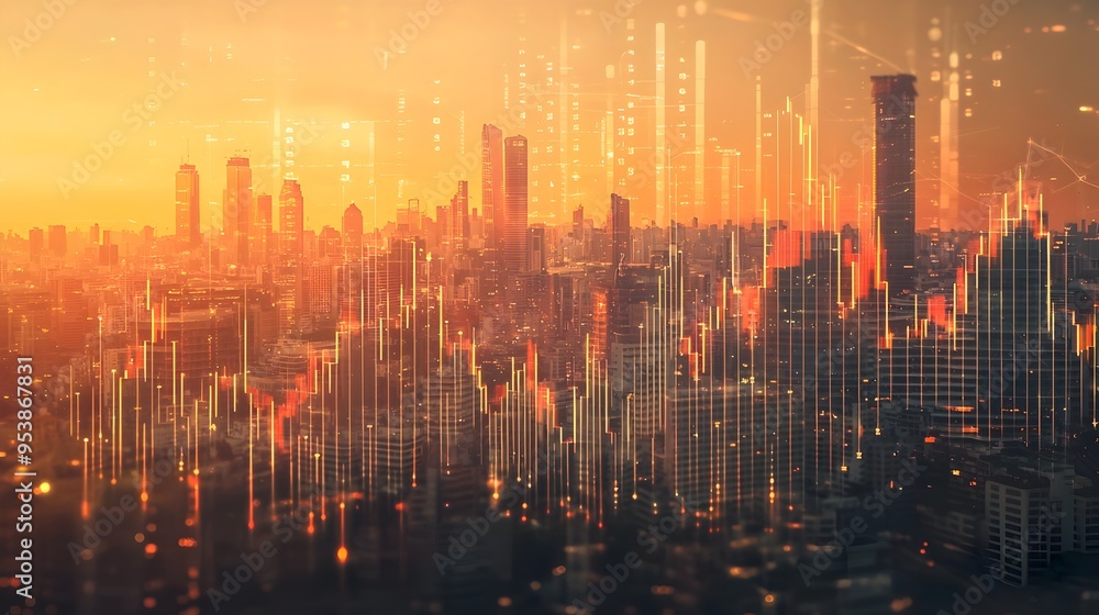 Abstract Futuristic City Skyline with Overlaid Financial Graphs Depicting Corporate Business Growth Abstract Futuristic City Skyline with Overlaid Financial Graphs Depicting Corporate Business Growth