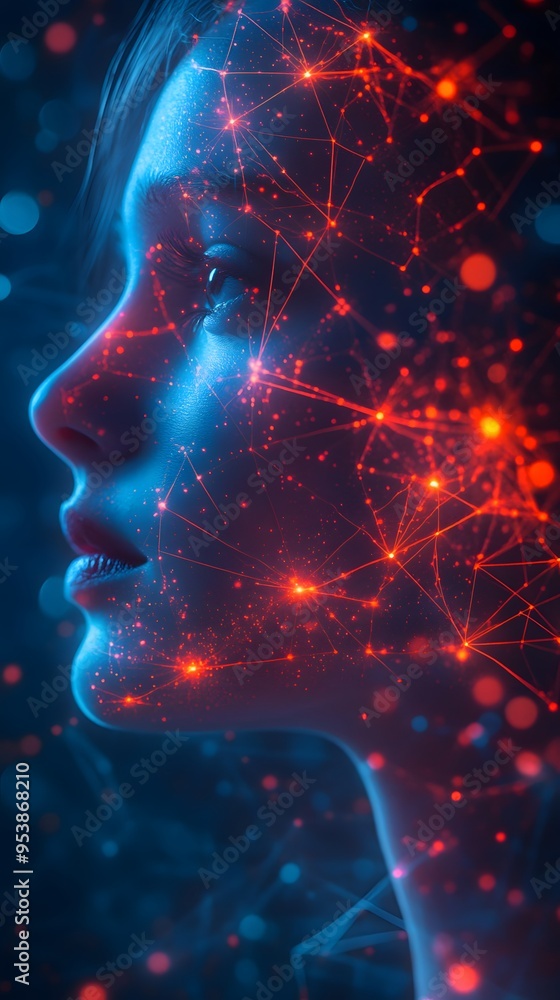 Female profile with neural network-like glowing lines across the face Female profile with neural network-like glowing lines across the face