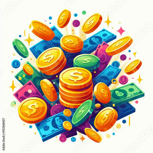 Free  Money vector money photo Gold coins and banknotes 3d cartoon style icon black Friday