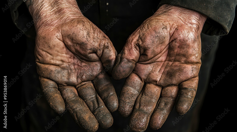 Fototapeta premium Close-up of Two Dirty and Wrinkled Hands