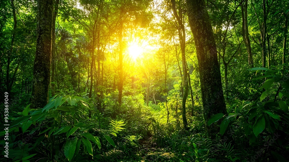 Lush Green Forest with Sunlit Canopy - Serene Nature Landscape Scene Lush Green Forest with Sunlit Canopy - Serene Nature Landscape Scene