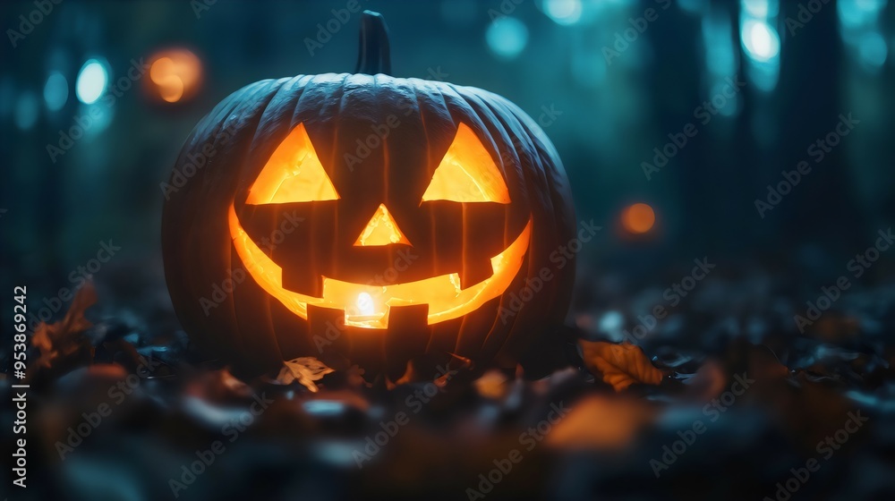 A glowing jack-o'-lantern on a dark, weathered wooden floor, creating a spooky Halloween atmosphere A glowing jack-o'-lantern on a dark, weathered wooden floor, creating a spooky Halloween atmosphere