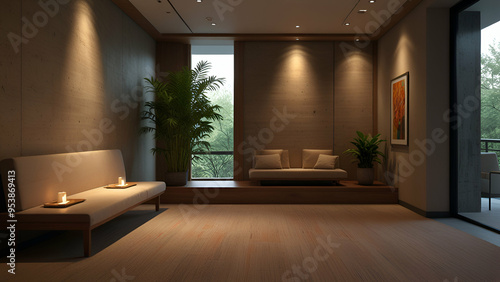 Serene meditation room in the office, designed for relaxation and mindfulness