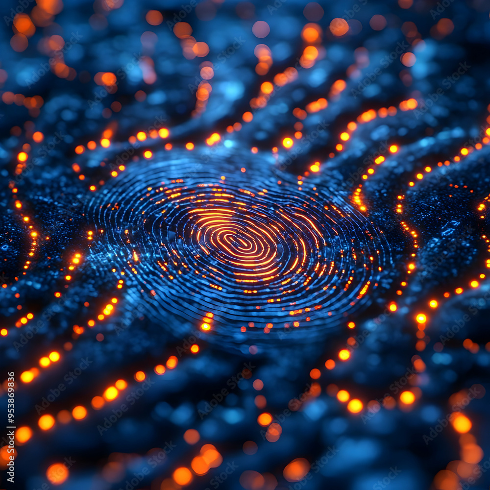 Abstract 3D Fingerprint with Orange Lights Background Abstract 3D Fingerprint with Orange Lights Background