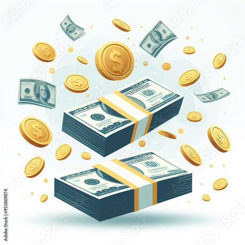 Free  Money vector money photo Gold coins and banknotes 3d cartoon style icon black Friday 