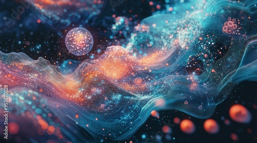 Abstract Cosmic Landscape with Glowing Spheres and Shimmering Dust